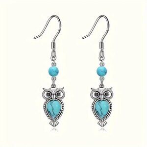 #54 Owl Drop & Dangle Earrings with Turquoise Inlay